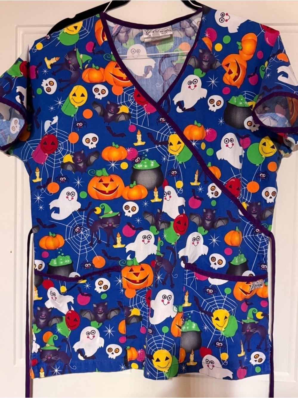 UA Scrubs - scrub top Halloween Wrap Top - Blue with Ghosts & Pumpkins